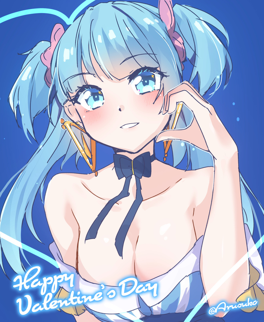 1girl absurdres aqua_dress arusuko bare_shoulders blue_background blue_dress blue_eyes blue_hair blush breasts choker cleavage dress earrings happy_birthday highres jewelry large_breasts light_blue_hair long_hair looking_at_viewer magia_record:_mahou_shoujo_madoka_magica_gaiden mahou_shoujo_madoka_magica minami_rena off-shoulder_dress off_shoulder pink_scrunchie scrunchie smile solo striped_clothes striped_dress triangle_earrings two_side_up vertical-striped_clothes vertical-striped_dress