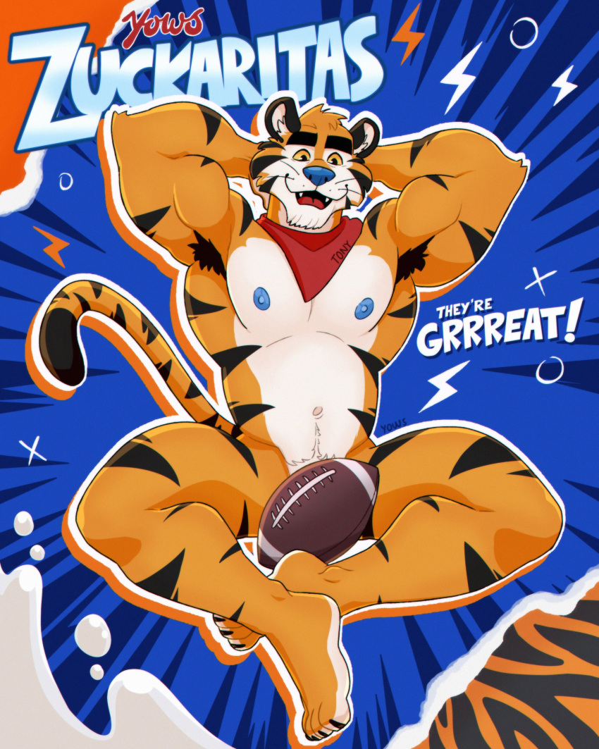 absurd_res anthro armpit_hair ball black_eyebrows black_stripes blue_nipples blue_nose body_hair english_text eyebrows felid frosted_flakes gridiron_ball hi_res kellogg's male mammal mascot muscular_arms navel nipples nude orange_tail pantherine solo stripes tail text tiger tony_the_tiger yows_(artist)
