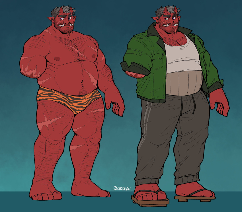 1boy absurdres amputee animal_print back_hair bara belly black_hair chiseled_face colored_skin demon_boy demon_horns fat foot_hair full_body hairy hand_hair highres hiroto_(dick_gumshoe) horns huge_eyebrows jacket large_feet large_hands large_pectorals loincloth male_focus mature_male monster_boy multiple_views muscular muscular_male navel navel_hair nipples notched_ear oni open_clothes open_jacket original pants pectoral_cleavage pectorals pointy_ears purple_eyes racesolar red_oni red_skin second-party_source short_hair skin-covered_horns slippers sparse_chest_hair sparse_leg_hair sparse_navel_hair standing stomach strongman_waist thick_arm_hair thick_thighs thighs tiger_print too_many_scars topless_male track_pants tusks