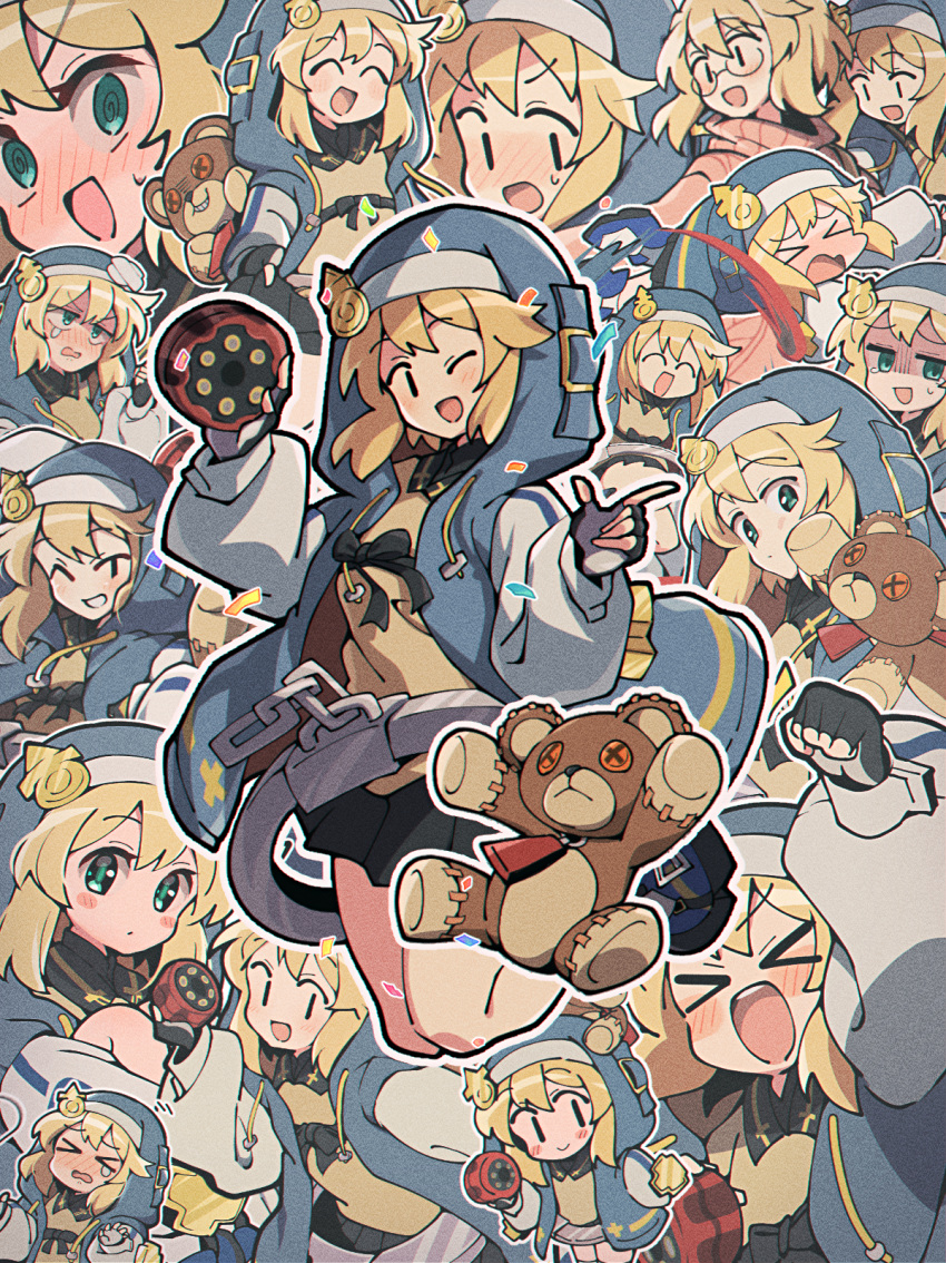 &gt;_&lt; 1boy @_@ androgyne_symbol black_gloves blonde_hair blush bridget_(guilty_gear) cuffs fingerless_gloves gloves green_eyes guilty_gear guilty_gear_strive habit handcuffs highres hood hood_up hooded_jacket hoodie itsuka_neru jacket long_sleeves looking_at_viewer male_focus medium_hair multiple_views open_clothes open_hoodie open_mouth otoko_no_ko puffy_long_sleeves puffy_sleeves roger_(guilty_gear) smile stuffed_animal stuffed_toy teddy_bear yo-yo