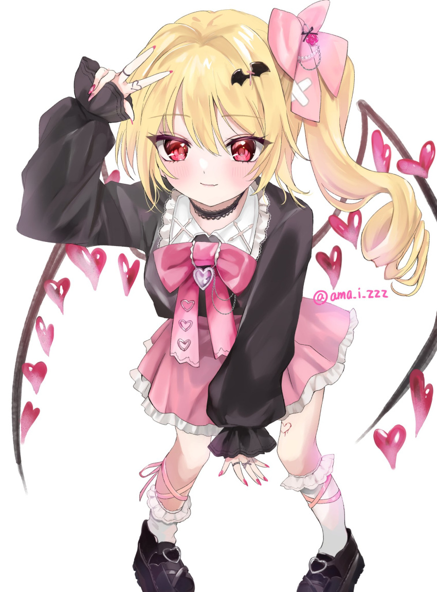 1girl alternate_costume artist_name black_choker black_footwear black_shirt blonde_hair blood bow bowtie choker cismlyri closed_mouth collared_shirt commentary cross drill_hair drill_ponytail fang feet_out_of_frame fingernails flandre_scarlet frilled_shirt_collar frilled_skirt frilled_socks frills hair_between_eyes hair_bow hand_up highres jewelry jirai_kei lace lace_choker leaning_forward leg_ribbon long_fingernails looking_at_viewer multiple_rings pink_bow pink_nails pink_ribbon pink_skirt platform_footwear red_eyes ribbon ring shirt shoes side_ponytail simple_background skin_fang skirt sleeves_past_wrists smile socks solo standing touhou twitter_username w w_over_face white_background white_socks wing_collar wings