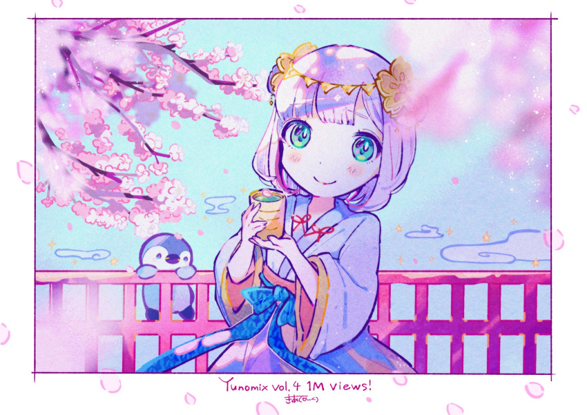 1girl bird blue_sky blunt_bangs blurry blurry_foreground border cherry_blossoms closed_mouth cloud commentary cowboy_shot cup flower green_eyes hair_flower hair_ornament highres holding holding_cup japanese_clothes kiato kimono long_sleeves looking_at_viewer original outdoors penguin petals pink_flower purple_kimono short_hair sky smile solo symbol-only_commentary white_border wide_sleeves yunomi yunomi_(musician)