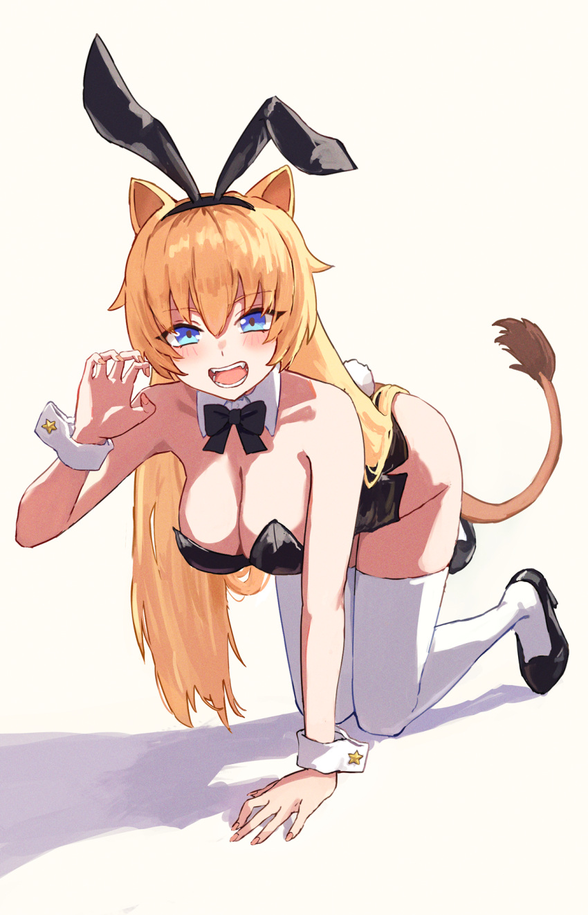 1girl all_fours animal_ears bare_shoulders black_bow black_bowtie black_footwear black_hairband black_leotard blonde_hair blue_eyes blush bow bowtie breasts brown_tail claw_pose cleavage clip_studio_paint_(medium) commission detached_collar eyes_visible_through_hair fake_animal_ears fake_tail fingernails full_body grey_background hair_between_eyes hairband hand_up highres large_breasts leotard lion_ears lion_girl lion_tail long_hair looking_at_viewer making-of_available open_mouth original playboy_bunny rabbit_ears rabbit_tail ryoha_kosako shoes simple_background skeb_commission smile solo star_(symbol) strapless strapless_leotard tail tail_raised teeth thighhighs traditional_bowtie video_thumbnail white_tail white_thighhighs wrist_cuffs