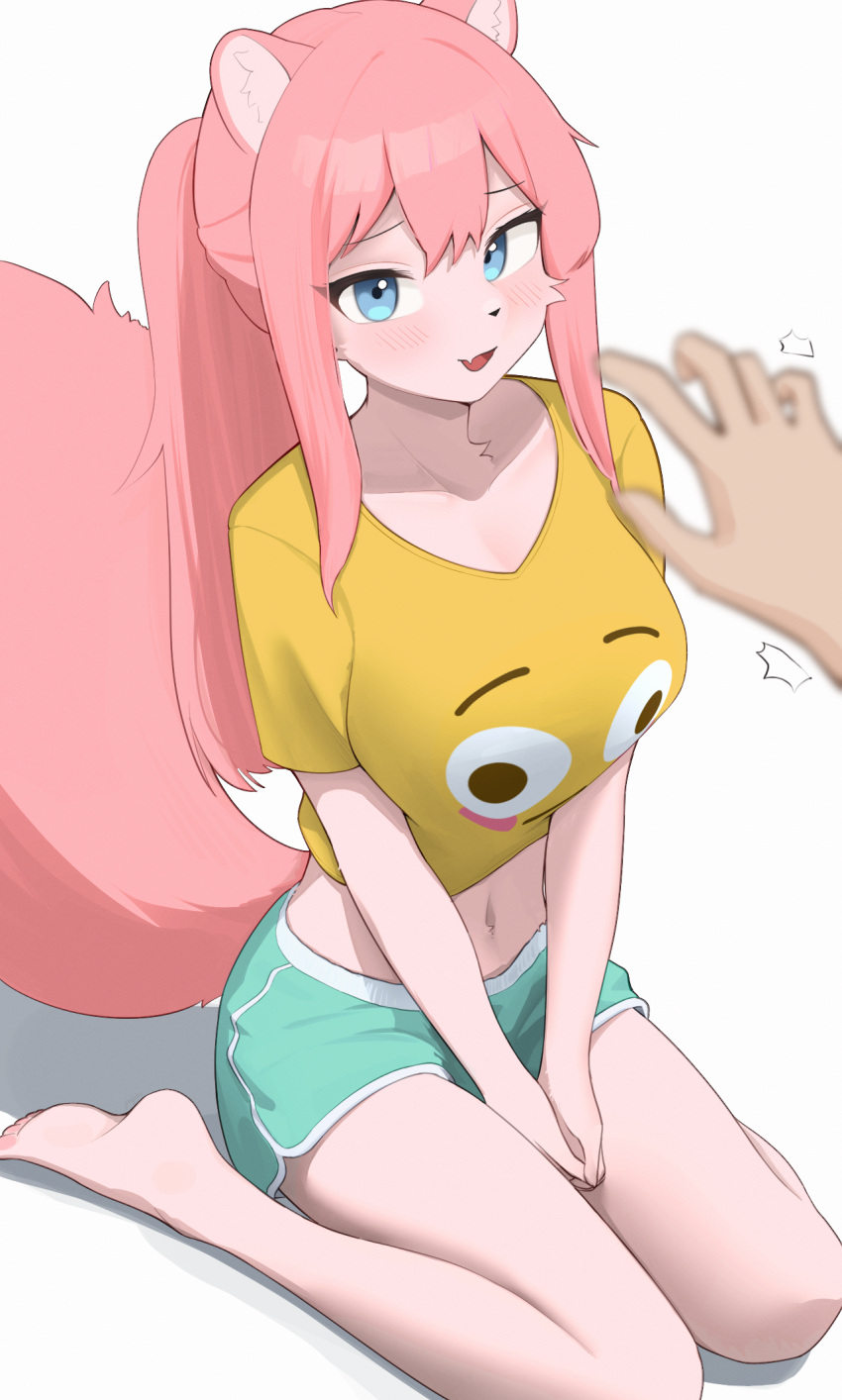 1girl 1other animal_ears blue_eyes body_fur breasts commentary furry furry_female green_shorts highres jeifier_(korfiorano01) long_hair looking_at_viewer medium_breasts midriff navel original pink_fur pink_hair ponytail pov shirt short_sleeves shorts sidelocks simple_background sitting solo_focus t-shirt tail thighs wariza white_background yellow_shirt