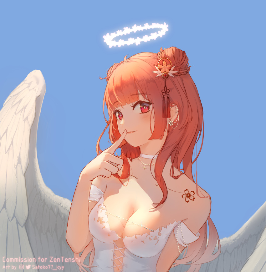 1girl absurdres angel angel_wings blue_background blunt_bangs breasts choker closed_mouth commission double_bun dress english_commentary feathered_wings hair_bun halo hand_up highres index_finger_raised long_hair looking_at_viewer medium_breasts orange_hair original red_eyes satoko77 simple_background smile solo star-shaped_pupils star_(symbol) symbol-shaped_pupils tattoo twitter_username upper_body white_choker white_dress white_halo wings