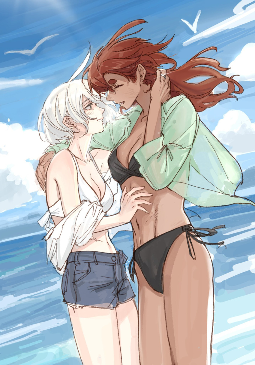 2girls abs bikini black_bikini closed_eyes commentary cowboy_shot dark-skinned_female dark_skin day deerwhisky denim denim_shorts dutch_angle green_shirt gundam gundam_suisei_no_majo hand_on_another's_shoulder highres interracial jewelry long_hair looking_at_another miorine_rembran multiple_girls navel ocean open_clothes open_shirt outdoors parted_lips red_hair ring shirt short_hair shorts smile suletta_mercury swimsuit thick_eyebrows water wedding_ring white_bikini white_hair wife_and_wife yuri