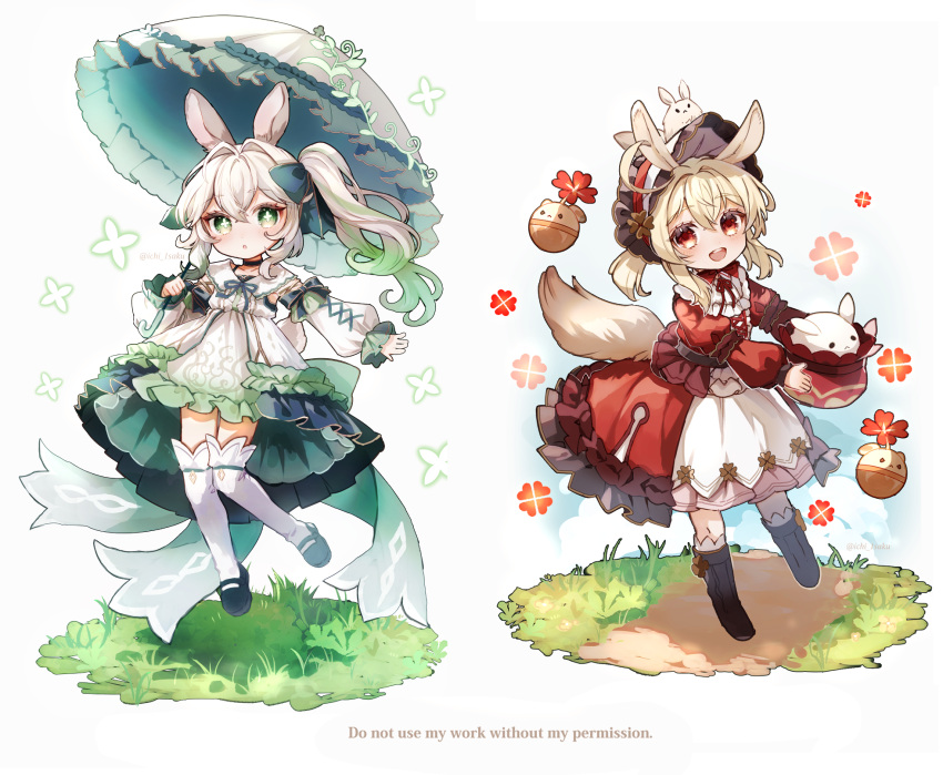2girls alternate_costume animal_ears animal_on_head black_bow black_footwear blonde_hair boots bow bright_pupils brown_footwear child clover commentary cross-shaped_pupils detached_sleeves dodoco_(genshin_impact) dot_nose dress frilled_dress frills full_body genshin_impact gradient_hair grass green_eyes green_hair hair_between_eyes hair_bow hair_intakes hat highres holding holding_umbrella ichiyume_ichiyu jumpy_dumpty klee_(genshin_impact) long_dress long_hair long_sleeves looking_at_viewer medium_hair multicolored_hair multiple_girls nahida_(genshin_impact) on_head open_mouth parted_lips puffy_long_sleeves puffy_sleeves rabbit_ears rabbit_tail red_dress red_eyes red_headwear side_ponytail sidelocks simple_background sleeveless sleeveless_dress smile standing standing_on_one_leg symbol-only_commentary symbol-shaped_pupils tail thighhighs umbrella white_background white_dress white_hair white_pupils white_sleeves white_thighhighs