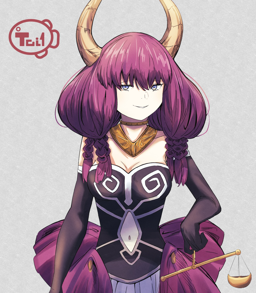 1girl absurdres aura_(sousou_no_frieren) balance_scale black_gloves blue_eyes braid breasts clothing_cutout commentary_request demon_girl demon_horns elbow_gloves gloves gold_necklace highres holding_scale horns jewelry looking_at_viewer medium_breasts medium_hair multiple_braids navel_cutout necklace parted_lips purple_hair quad_braids ryoui69siki signature smile solo sousou_no_frieren twin_braids upper_body weighing_scale