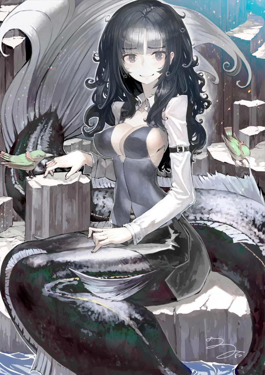 1girl absurdres armband bird black_hair breasts cleavage commentary detached_collar detached_sleeves fins grey_eyes highres long_hair looking_at_viewer mermaid messy_hair monster_girl original signature sitting smile solo tefec