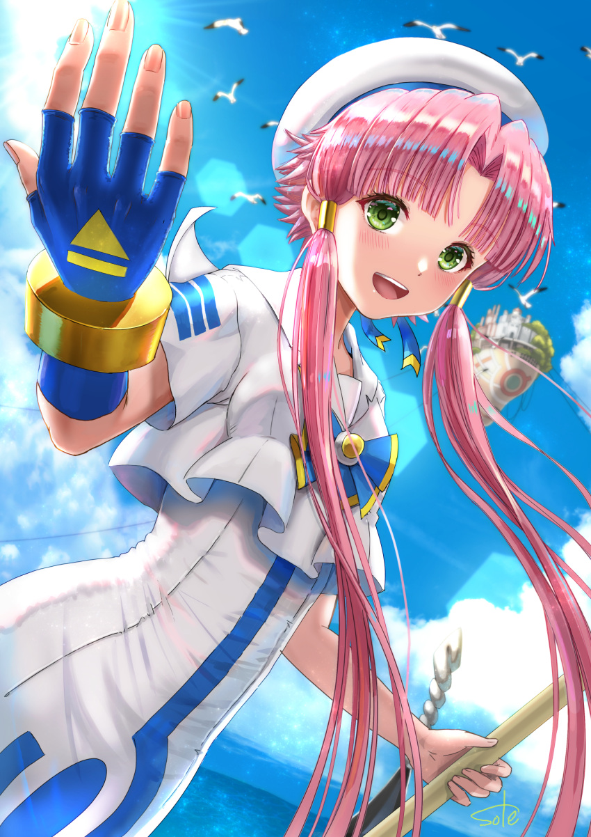 1girl :d aria_(manga) artist_name beret bird blue_bow blue_bowtie blue_gloves blue_ribbon blue_sky blurry blurry_background bow bowtie breasts cloud cloudy_sky cowboy_shot dress dutch_angle fingerless_gloves floating_island gloves gold_trim green_eyes hair_tubes hat hat_ribbon highres holding holding_oar impossible_clothes impossible_dress lens_flare mizunashi_akari oar open_mouth outdoors parted_bangs pink_hair ribbon sailor_collar seagull short_hair_with_long_locks short_sleeves signature single_glove sky small_breasts smile solo standing teeth telaform upper_teeth_only white_dress white_headwear