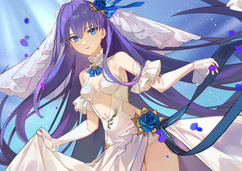 1girl absurdres bare_shoulders blue_eyes blue_ribbon blush breasts fate/extra fate/extra_ccc fate/grand_order fate_(series) hair_ribbon highres jiajiayu long_hair looking_at_viewer meltryllis_(fate) purple_hair ribbon small_breasts solo very_long_hair