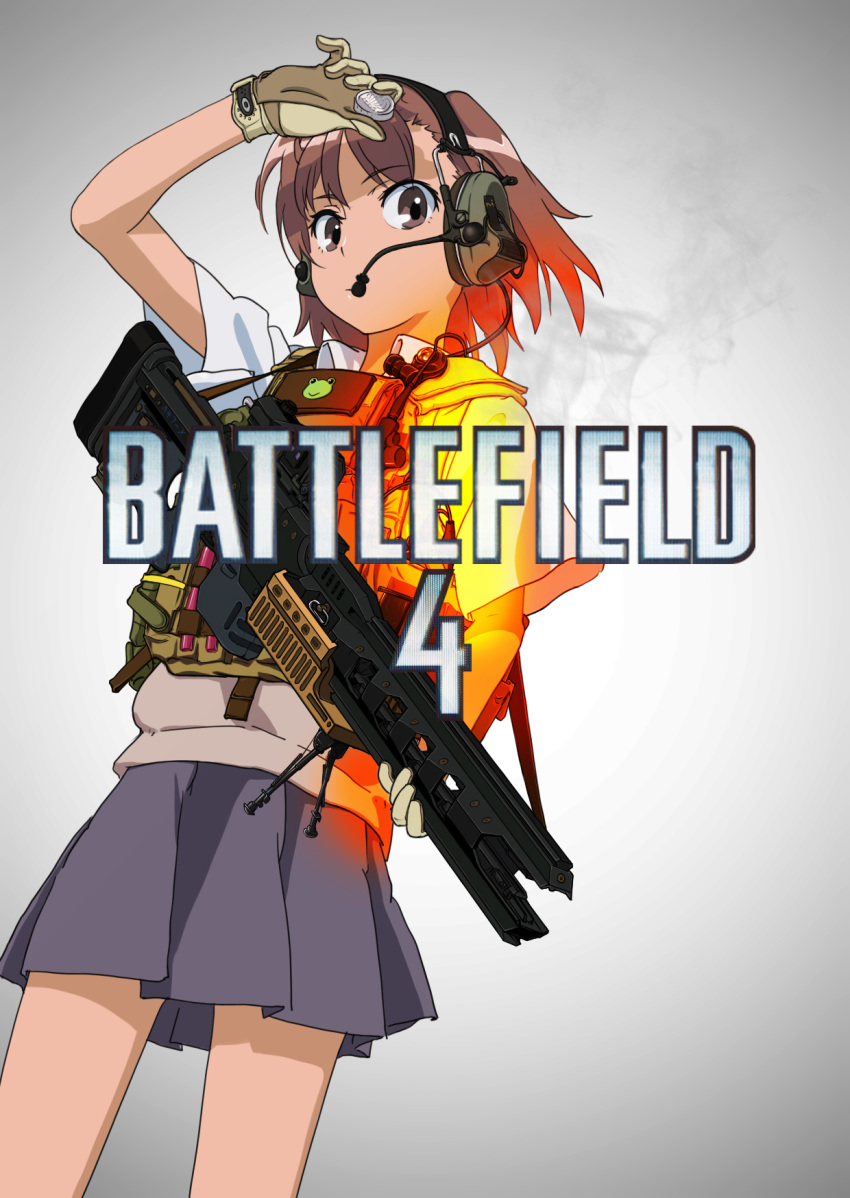 1girl battlefield_(series) battlefield_4 blue_skirt body_armor brown_eyes brown_hair brown_sweater_vest coin collared_shirt commentary_request copyright_name cowboy_shot gekota gloves gun headphones headset highres holding holding_gun holding_weapon looking_at_viewer magazine_(weapon) medium_hair miniskirt misaka_mikoto patch photoshop_(medium) plate_carrier pleated_skirt push-to-talk_device radio railgun school_uniform science_fiction shirt short_sleeves skirt solo standing summer_uniform sweater_vest tianran_jiyou toaru_kagaku_no_railgun toaru_majutsu_no_index tokiwadai_school_uniform translated walkie-talkie weapon white_shirt