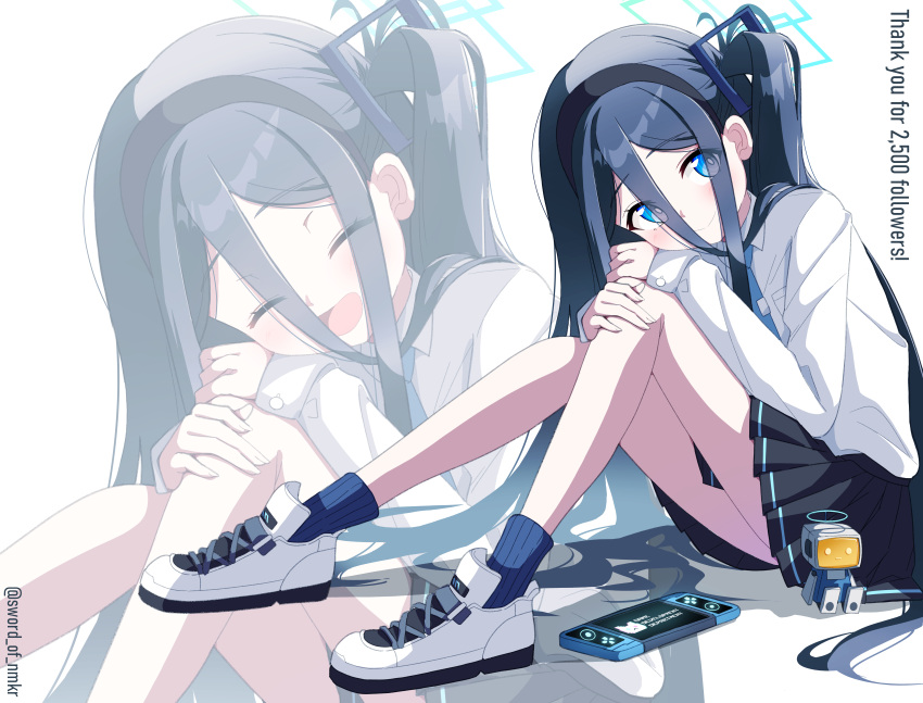 &lt;key&gt;_(robot)_(blue_archive) 1girl absurdly_long_hair absurdres aris_(blue_archive) black_hair black_hairband black_skirt blue_archive blue_eyes blue_halo blue_necktie blue_socks blush closed_mouth collared_shirt hairband halo highres long_hair long_sleeves looking_at_viewer multiple_views murasame_(sword_of_nmkr) necktie pleated_skirt shirt shoes simple_background skirt smile socks twitter_username very_long_hair white_background white_footwear white_shirt zoom_layer