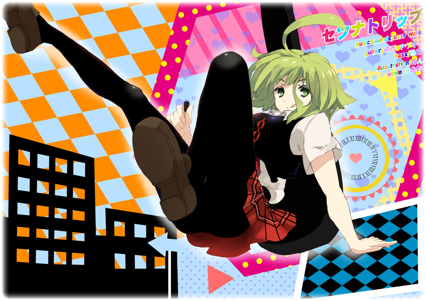 :q ahoge black_legwear glasses green_eyes green_hair gumi highres momen-tary pantyhose plaid plaid_skirt school_uniform setsuna_trip_(vocaloid) shoes short_hair skirt smile solo tongue tongue_out vocaloid