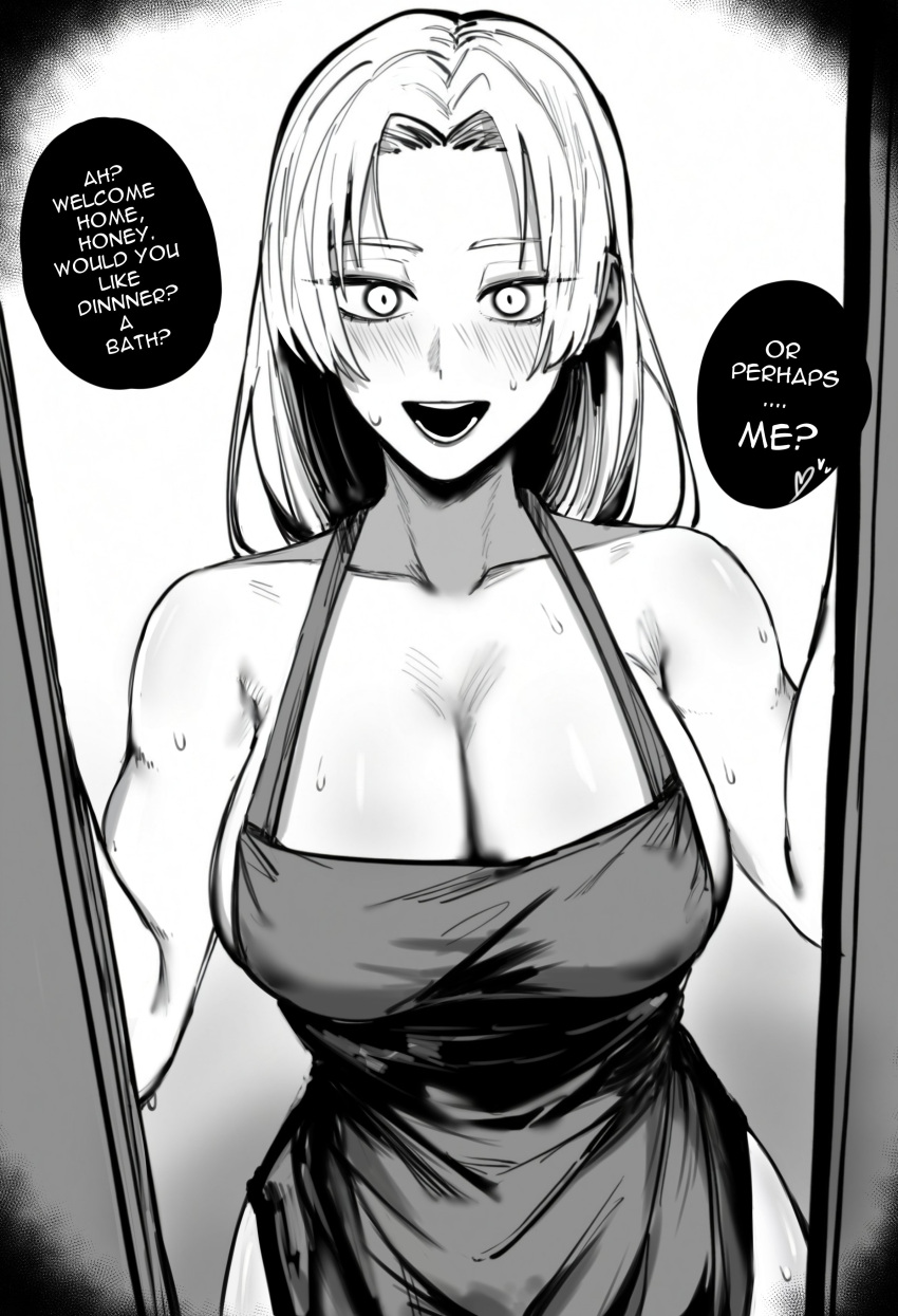 1girl absurdres apron blush breasts cleavage greyscale heart highres jujutsu_kaisen looking_at_viewer monochrome open_door solo speech_bubble sweat tsukumo_yuki_(jujutsu_kaisen) upper_body zovokia