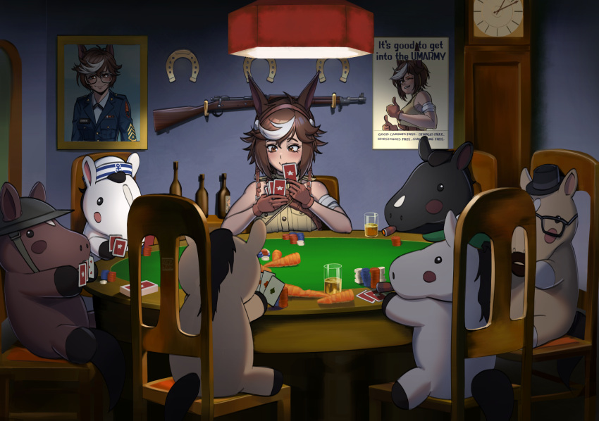 1girl animal_ears bare_shoulders bolt_action brown_eyes brown_gloves brown_hair card carrot chair clock dogs_playing_poker fine_art_parody gambling gloves gun highres holding holding_card horse_ears horse_girl military mosin-nagant multicolored_hair parody playing_card portrait_(object) puto_trash rifle short_hair smile streaked_hair stuffed_animal stuffed_horse stuffed_toy tomoe_umari umamusume weapon