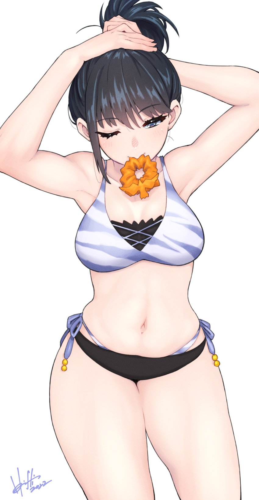 1girl armpits arms_up bikini black_hair breasts commentary_request cowboy_shot gridman_universe hair_tie_in_mouth highres hori_shin large_breasts long_hair mouth_hold navel one_eye_closed purple_eyes scrunchie simple_background solo ssss.gridman standing swimsuit takarada_rikka thighs tying_hair white_background