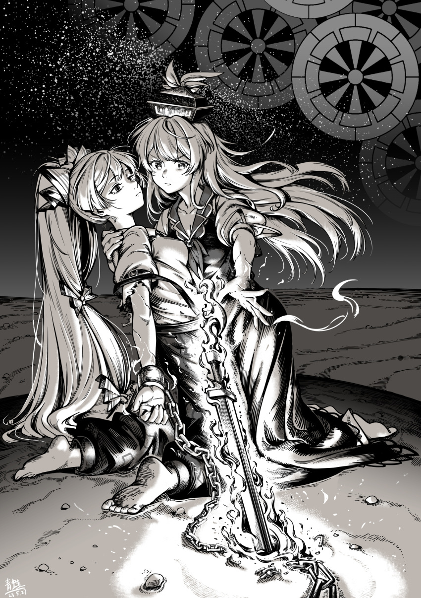 2girls arm_belt barefoot bow broken broken_chain chain closed_mouth commentary_request dress fire fujiwara_no_mokou full_body greyscale hair_bow highres hug kamishirasawa_keine kneeling long_hair monochrome multiple_girls outdoors pants ponytail puffy_short_sleeves puffy_sleeves qingwa_chi_she short_sleeves suspenders suspenders_slip sword tearing_up torn_clothes torn_sleeves touhou v-shaped_eyebrows very_long_hair weapon