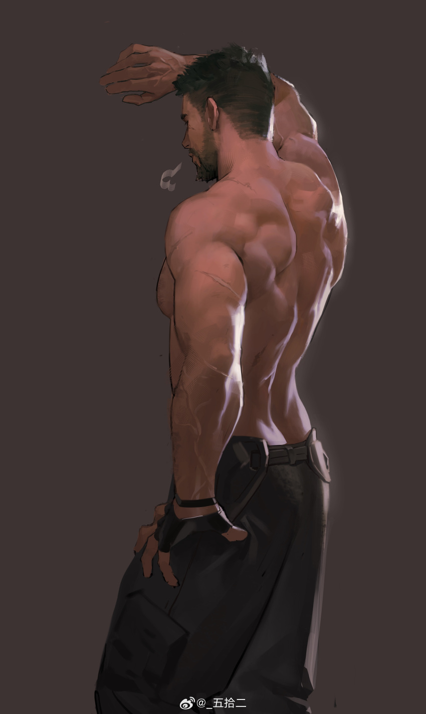 1boy absurdres arm_up back_muscles bara beard beard_stubble butt_crack facial_hair facing_away feet_out_of_frame from_side goatee highres male_focus mature_male multiple_scars muscular muscular_male oc_(wushier) original pectorals puff_of_air scar sidepec sigh solo sparse_chest_hair standing stubble thick_beard thick_eyebrows topless_male wushier