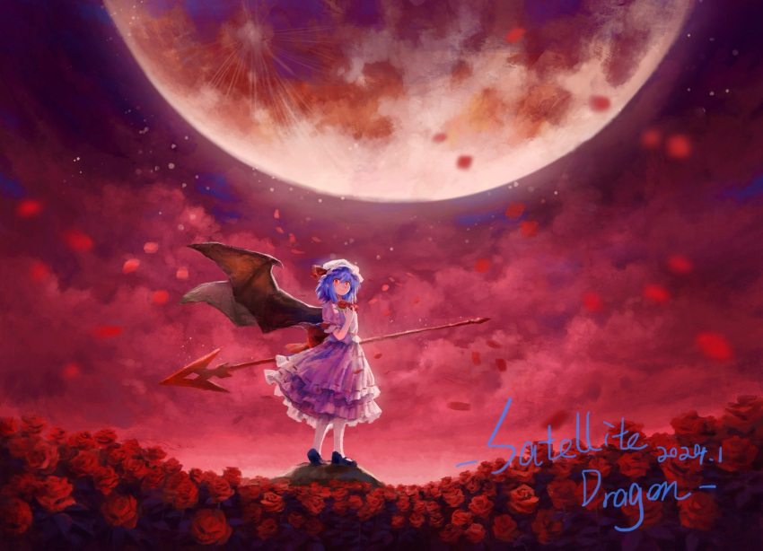 1girl artist_name back_bow bat_wings black_footwear blue_hair bow chinese_commentary closed_mouth commentary_request dated dress falling_petals field flower flower_field frilled_dress frilled_sleeves frills full_body full_moon hat hat_ribbon highres holding holding_flower holding_polearm holding_weapon huge_moon looking_at_viewer mary_janes mob_cap moon outdoors petals pink_dress polearm puffy_short_sleeves puffy_sleeves red_bow red_eyes red_flower red_moon red_ribbon red_rose red_sky remilia_scarlet ribbon rock rose rose_petals satellitedragon shoes short_hair short_sleeves signature sky smile solo spear spear_the_gungnir standing star_(sky) touhou weapon white_headwear wide_shot wings