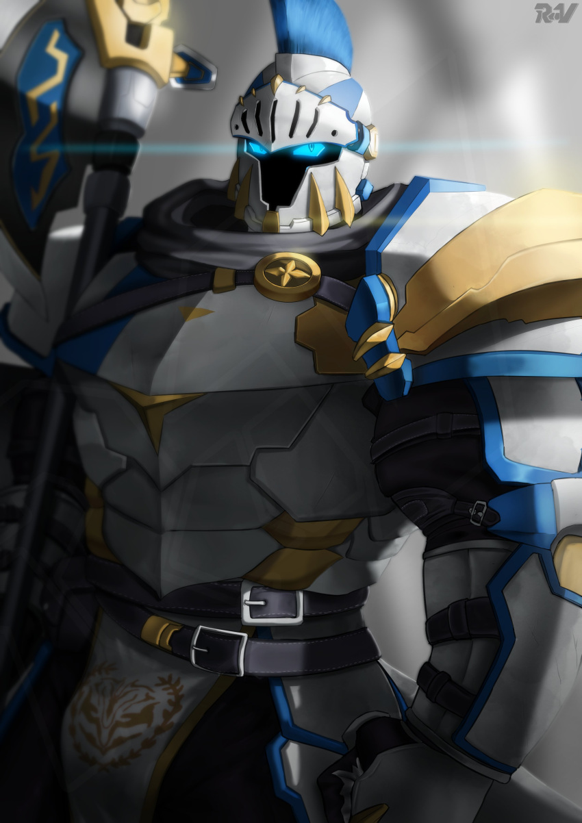 1boy absurdres another_eidos-r armor axe bara blue_eyes bulge cowboy_shot dyne_(another_eidos) full_armor glowing glowing_eyes helmet highres holding holding_axe male_focus nipples pelvic_curtain ruvkun solo