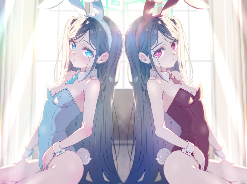 &lt;key&gt;_(blue_archive) 2girls animal_ears aris_(blue_archive) bare_legs black_hair blue_archive blue_eyes blue_halo blue_leotard blue_necktie breasts cleavage curtains detached_collar fake_animal_ears fake_tail halo highres itsk_ne leotard long_hair multiple_girls necktie playboy_bunny rabbit_ears rabbit_tail red_eyes red_leotard red_necktie small_breasts tail thighs window