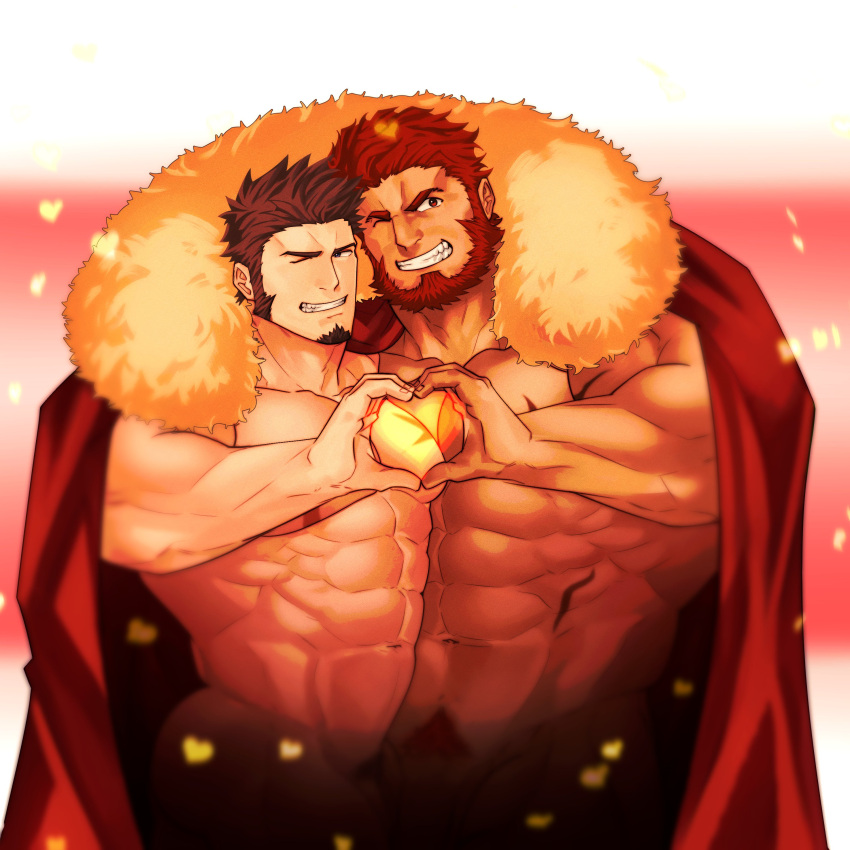 2boys abs absurdres bara beard blue_eyes brown_hair cape couple cowboy_shot facial_hair fate/grand_order fate_(series) full_beard goatee grin heart heart_background heart_hands heart_hands_duo highres iskandar_(fate) large_pectorals loboke long_sideburns looking_at_viewer male_focus mature_male multiple_boys muscular muscular_male naked_cape napoleon_bonaparte_(fate) navel nipples pectorals penis penis_peek red_cape shared_cape shared_clothes short_hair sideburns smile standing stomach strongman_waist thick_beard thick_eyebrows two-tone_background valentine yaoi