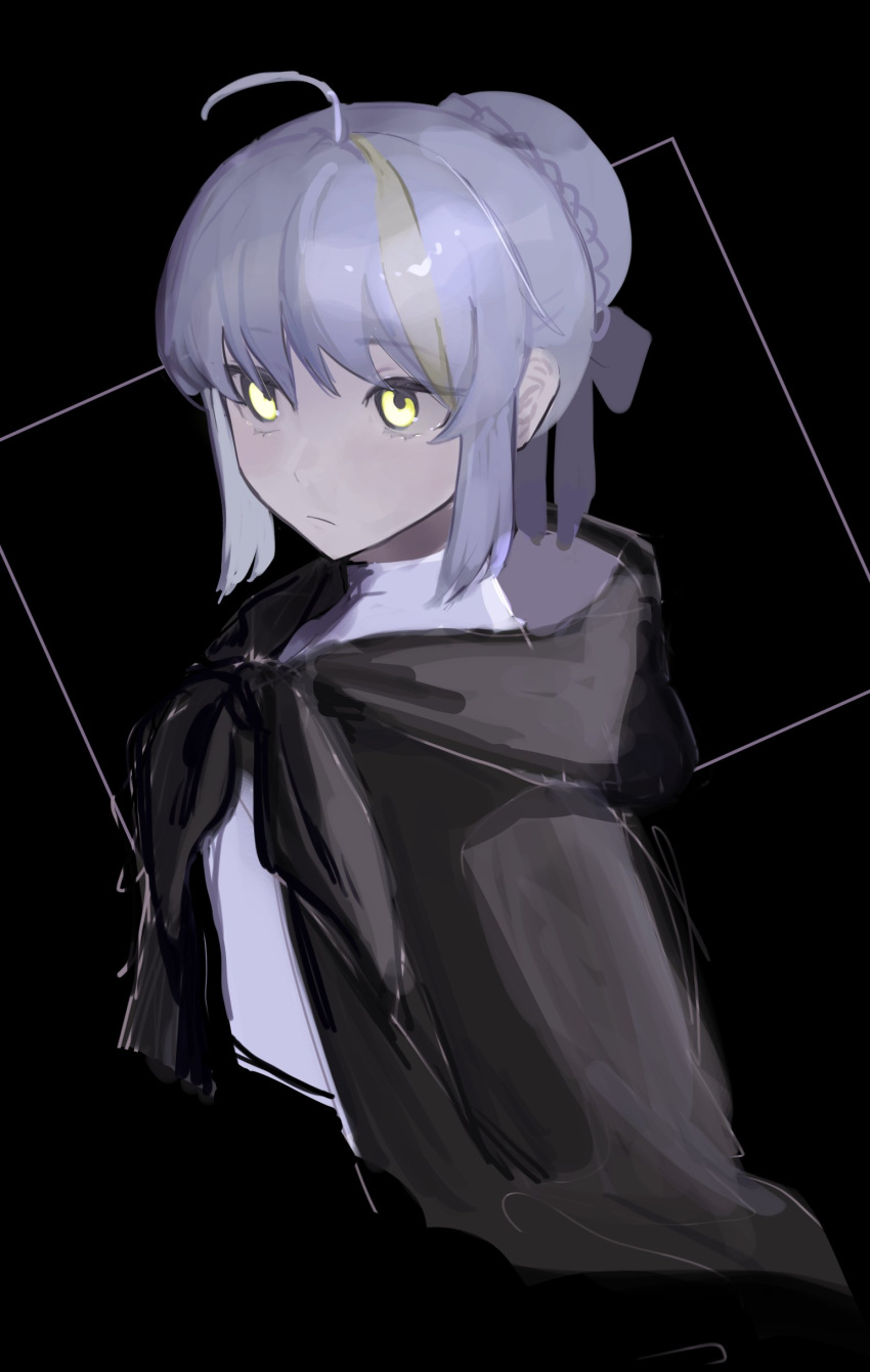 1girl absurdres ahoge black_background black_capelet braid capelet closed_mouth cropped_torso fate_(series) frown gray_(fate) grey_hair hair_bun highres hood hooded_capelet looking_ahead looking_at_viewer multicolored_hair shirt solo streaked_hair tokoni_fusu white_shirt yellow_eyes