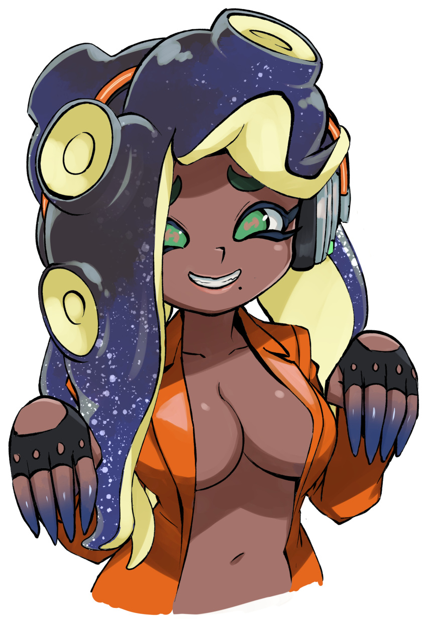 1girl absurdres aqua_eyes black_gloves black_hair blue_hair blue_skin breasts collarbone colored_skin dark-skinned_female dark_skin fingerless_gloves furrowed_brow gloves gradient_hair gradient_skin grin hands_up headphones highres horizontal_pupils jacket lips long_hair long_sleeves marina_(splatoon) medium_breasts mismatched_eyebrows mole mole_under_mouth multicolored_hair multicolored_skin muramasa_mikado navel open_clothes open_jacket orange_jacket pink_lips pink_pupils simple_background smile solo splatoon_(series) splatoon_3 suction_cups teeth tentacle_hair two-tone_hair two-tone_skin white_background