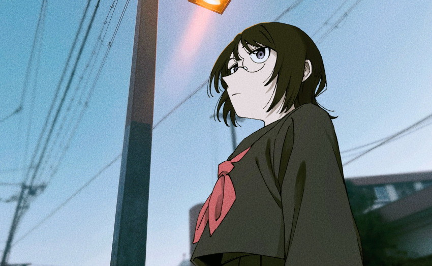 1girl black_eyes black_hair black_sailor_collar black_serafuku black_shirt black_skirt chorohanage closed_mouth commentary_request glasses highres lamppost long_sleeves neckerchief original outdoors photo_background power_lines red_neckerchief sailor_collar school_uniform serafuku shirt short_hair skirt solo utility_pole