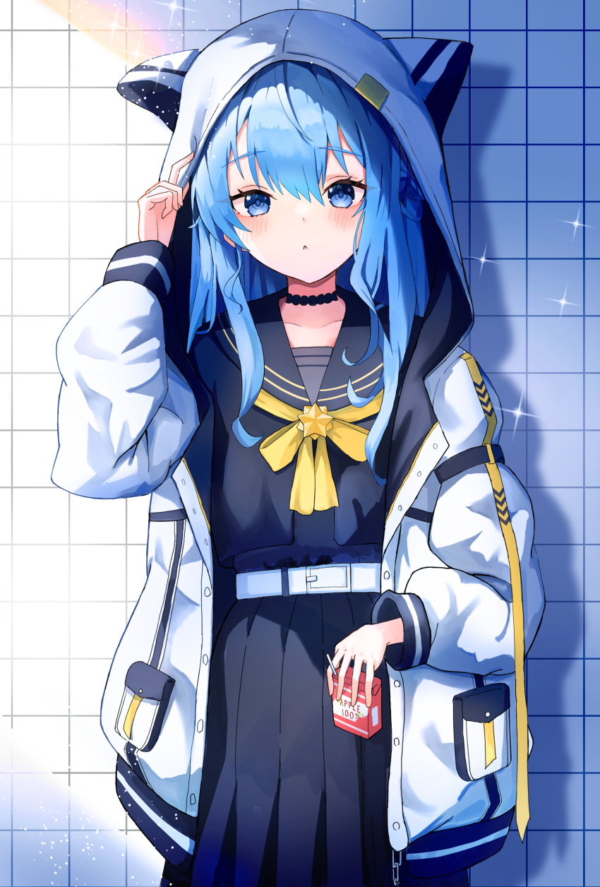 1girl absurdres animal_ear_hood apple_juice belt black_choker blue_eyes blue_hair blue_shirt blue_skirt blush choker highres hololive hood hooded_jacket hoshimachi_suisei hoshimachi_suisei_(school_uniform) jacket juice juice_box kaminose_(user_veum4325) long_hair looking_at_viewer official_alternate_costume open_clothes open_jacket open_mouth shirt skirt star_(symbol) star_in_eye symbol_in_eye virtual_youtuber white_belt white_jacket