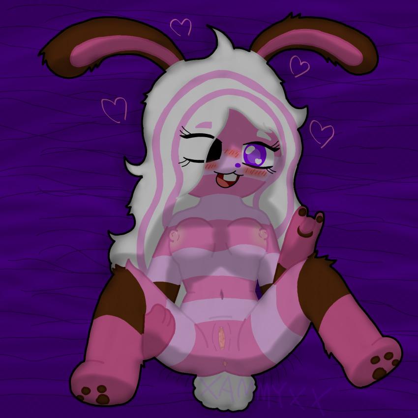 &lt;3 1:1 2024 3_fingers anthro anus black_sclera blush blush_lines breasts brown_body brown_fur countershading digital_media_(artwork) female fingers fur genitals hair half-closed_eyes happy hi_res lagomorph leporid mammal multicolored_body multicolored_fur narrowed_eyes navel nipples nude open_mouth paws pink_body pink_fur pink_hair purple_background purple_eyes pussy rabbit sammyss simple_background solo spread_legs spreading striped_body striped_fur stripes tail teeth white_hair