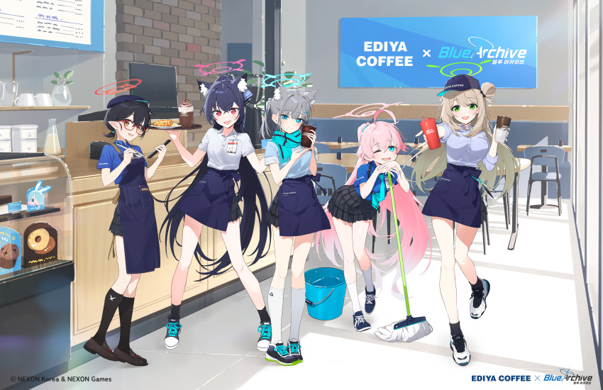 5girls absurdres ahoge animal_ears arona_(blue_archive) artist_request ayane_(blue_archive) black_footwear black_hair black_headwear black_skirt black_socks blue_archive blue_eyes blue_halo blue_shirt blush bucket cat_ears closed_mouth coffee collared_shirt cross_hair_ornament cup ediya_coffee extra_ears fang food glasses green_halo grey_hair hair_between_eyes hair_ornament halo hat highres holding holding_cup holding_mop holding_tray hoshino_(blue_archive) light_brown_hair long_hair medium_hair mismatched_pupils mop multiple_girls nonomi_(blue_archive) official_art one_eye_closed open_mouth pink_hair pink_halo pleated_skirt pointy_ears red-framed_eyewear red_eyes red_halo serika_(blue_archive) shiroko_(blue_archive) shirt shoes short_hair skirt smile socks tray white_footwear white_shirt white_socks wolf_ears yellow_eyes