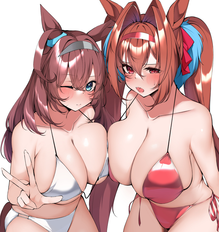 2girls absurdres ahoge animal_ears bikini blue_eyes blush breasts brown_hair closed_mouth collarbone commentary_request commission daiwa_scarlet_(umamusume) fang grey_hairband hair_between_eyes hairband highres horse_ears horse_girl horse_tail huge_breasts kshimu long_hair looking_at_viewer mihono_bourbon_(umamusume) multiple_girls one_eye_closed open_mouth red_bikini red_eyes red_hair red_hairband side-tie_bikini_bottom simple_background skeb_commission smile swimsuit tail umamusume white_background white_bikini