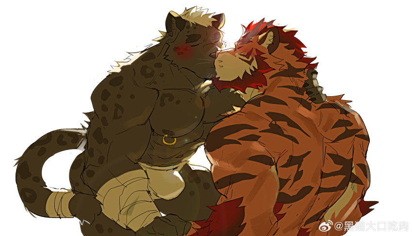2boys abs absurdres animal_ears bara beard blush bulge couple facial_hair feet_out_of_frame foreplay from_side full_beard furry furry_with_furry highres jaguar_boy jaguar_ears jaguar_tail kiss large_pectorals male_focus male_underwear mature_male multiple_boys muscular muscular_male nipple_piercing nipple_rings nipples original pectorals piercing run_(arun_six) stomach tail thick_beard thick_eyebrows tiger_boy topless_male underwear white_male_underwear yaoi