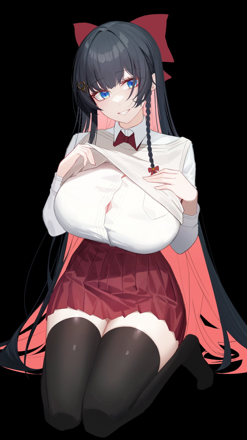 1girl absurdres black_background black_hair black_thighhighs blue_eyes bow braid breasts brown_sweater_vest colored_inner_hair grin hair_bow hair_ornament hands_on_own_chest head_tilt heart heart_hair_ornament highres large_breasts long_hair long_sleeves looking_at_viewer multicolored_hair orn pleated_skirt red_bow red_hair red_skirt seiza shirayuki_hina shirt simple_background single_braid sitting skirt smile solo stellive sweater_vest sweater_vest_lift thighhighs thighs very_long_hair vest_lift virtual_youtuber white_shirt
