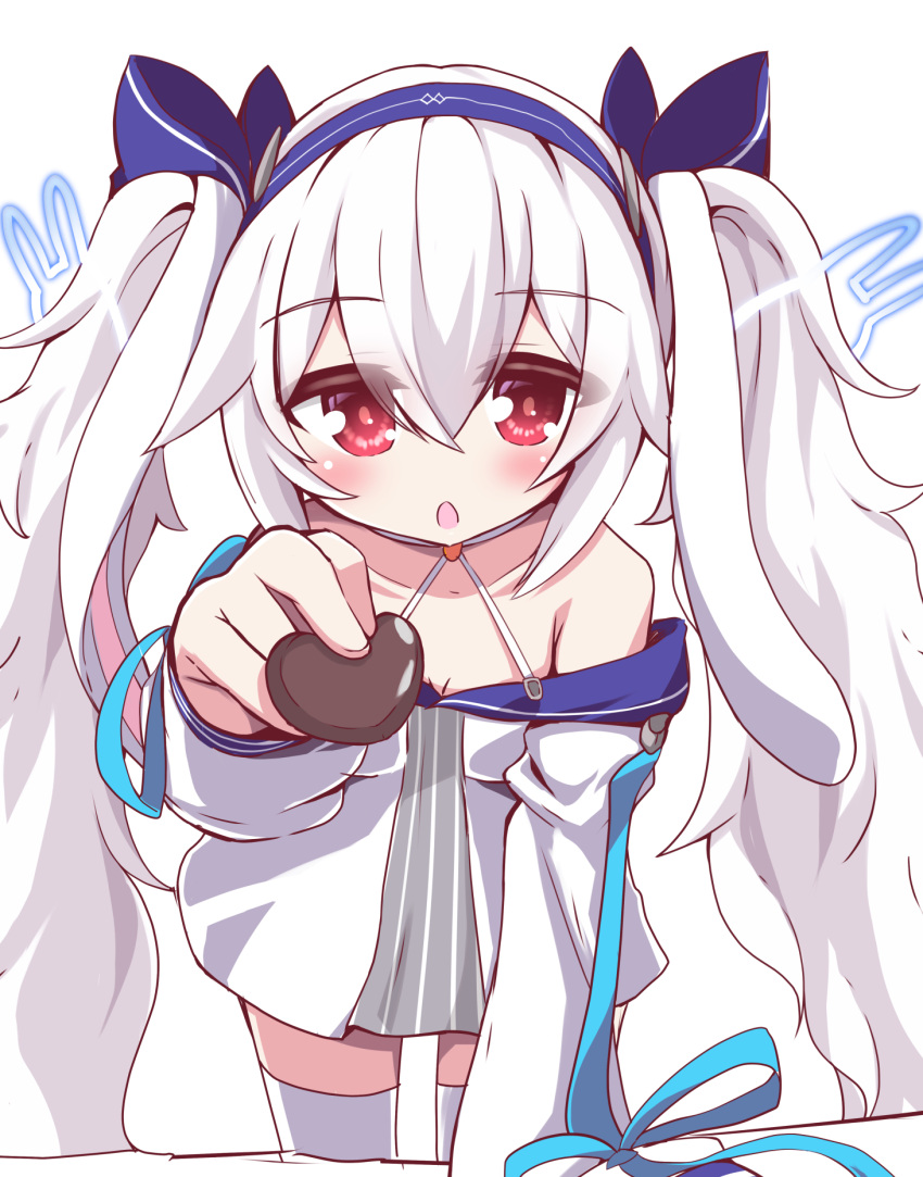 1girl animal_ears azur_lane bare_shoulders blue_hairband blue_ribbon candy chocolate collarbone crossed_bangs dress fake_animal_ears food geo_(yukishitadou) hair_ribbon hairband hand_up heart heart-shaped_chocolate highres holding holding_chocolate holding_food laffey_(azur_lane) laffey_ii_(azur_lane) long_hair long_sleeves parted_lips pov rabbit_ears reaching reaching_towards_viewer red_eyes ribbon short_dress simple_background solo thighhighs valentine very_long_hair white_background white_dress white_hair white_thighhighs