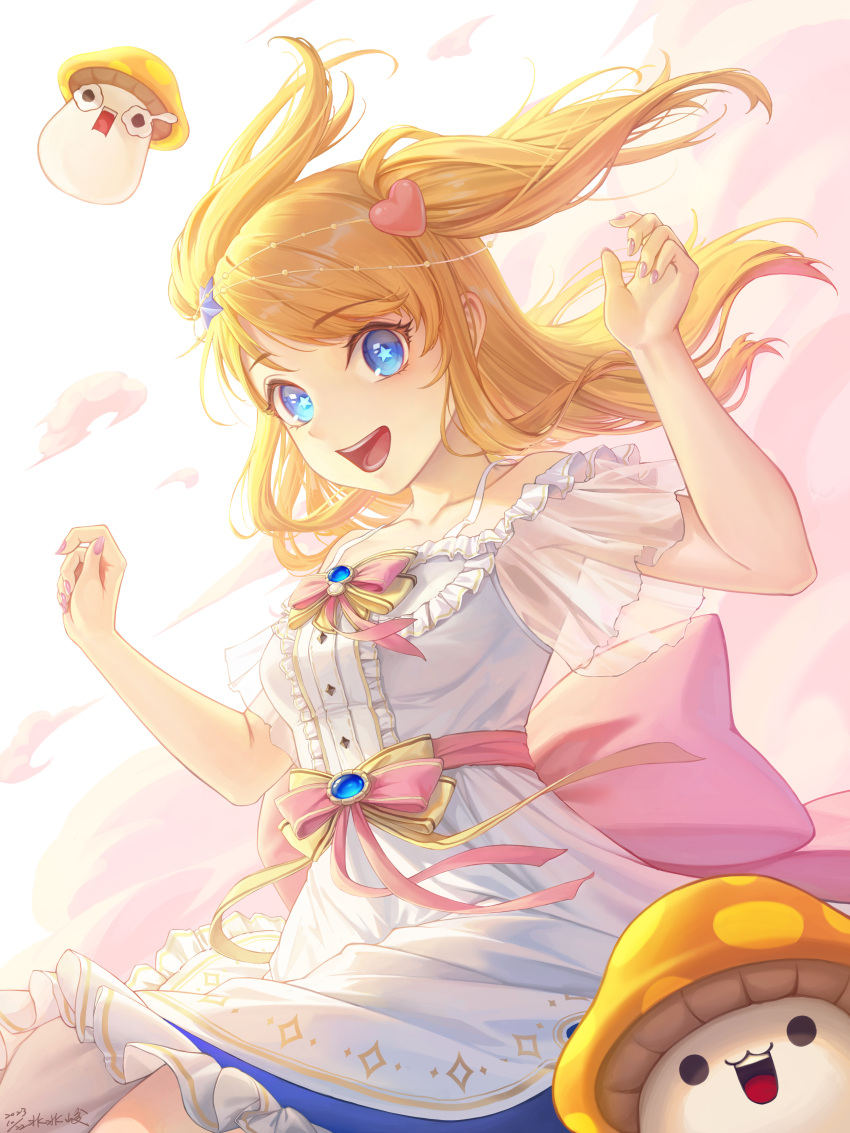 1girl a789gg absurdres blonde_hair blue_eyes breasts chinese_commentary commentary_request dress hands_up highres long_hair medium_breasts mushroom nail_polish open_mouth original pink_sash purple_nails sash smile solo star-shaped_pupils star_(symbol) symbol-shaped_pupils two_side_up white_dress