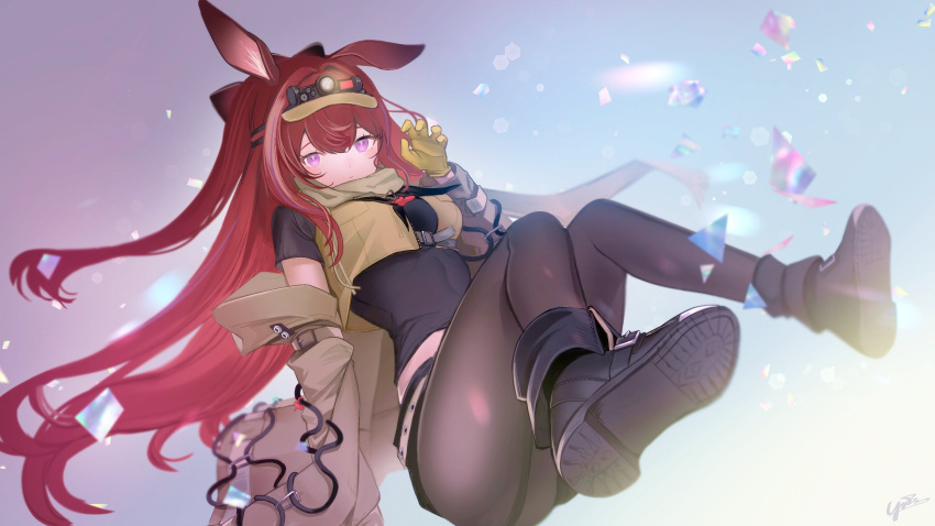 1girl absurdres animal_ears arknights black_footwear black_pantyhose black_shirt blush boots breasts brown_jacket brown_scarf brown_vest closed_mouth cropped_shirt cropped_vest dot_nose dutch_angle full_body gloves gradient_background headlamp highres jacket looking_at_viewer medium_breasts midriff off_shoulder one_side_up open_clothes open_jacket pantyhose purple_eyes rabbit_ears rabbit_girl ray_(arknights) red_hair scarf shirt short_sleeves signature solo vest yellow_gloves yunnasu