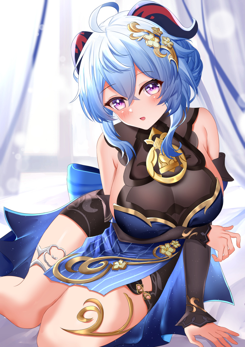 1girl absurdres ahoge bare_shoulders bell black_dress blue_dress blue_hair blush breasts cg_xiao_baishu detached_sleeves dress ganyu_(genshin_impact) ganyu_(twilight_blossom)_(genshin_impact) genshin_impact gold_trim gradient_dress hair_ornament highres horns large_breasts long_hair looking_at_viewer neck_bell official_alternate_costume official_alternate_hairstyle open_mouth purple_eyes sidelocks sitting solo yokozuwari