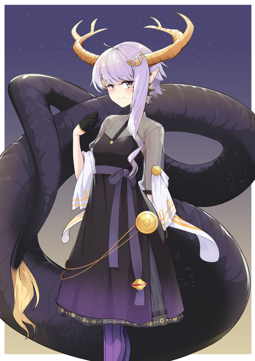 1girl antlers arm_behind_back asymmetrical_hair black_dress black_gloves blonde_hair blush breasts cevio closed_mouth dragon_girl dragon_horns dragon_tail dress feet_out_of_frame fur-tipped_tail gloves gradient_background gradient_dress grey_background hair_ornament hairclip half_gloves hand_up highres horns layered_dress light_particles looking_at_viewer multicolored_eyes multicolored_hair outside_border pantyhose pointy_ears purple_background purple_dress purple_eyes purple_hair purple_pantyhose scales scar scar_on_face see-through see-through_dress see-through_sleeves shawl short_hair_with_long_locks short_sleeves smile solo standing streaked_hair tail two-tone_hair vocaloid voiceroid yellow_background yellow_eyes yellow_horns yuzuki_yukari yuzuki_yukari_(rei) zooanime