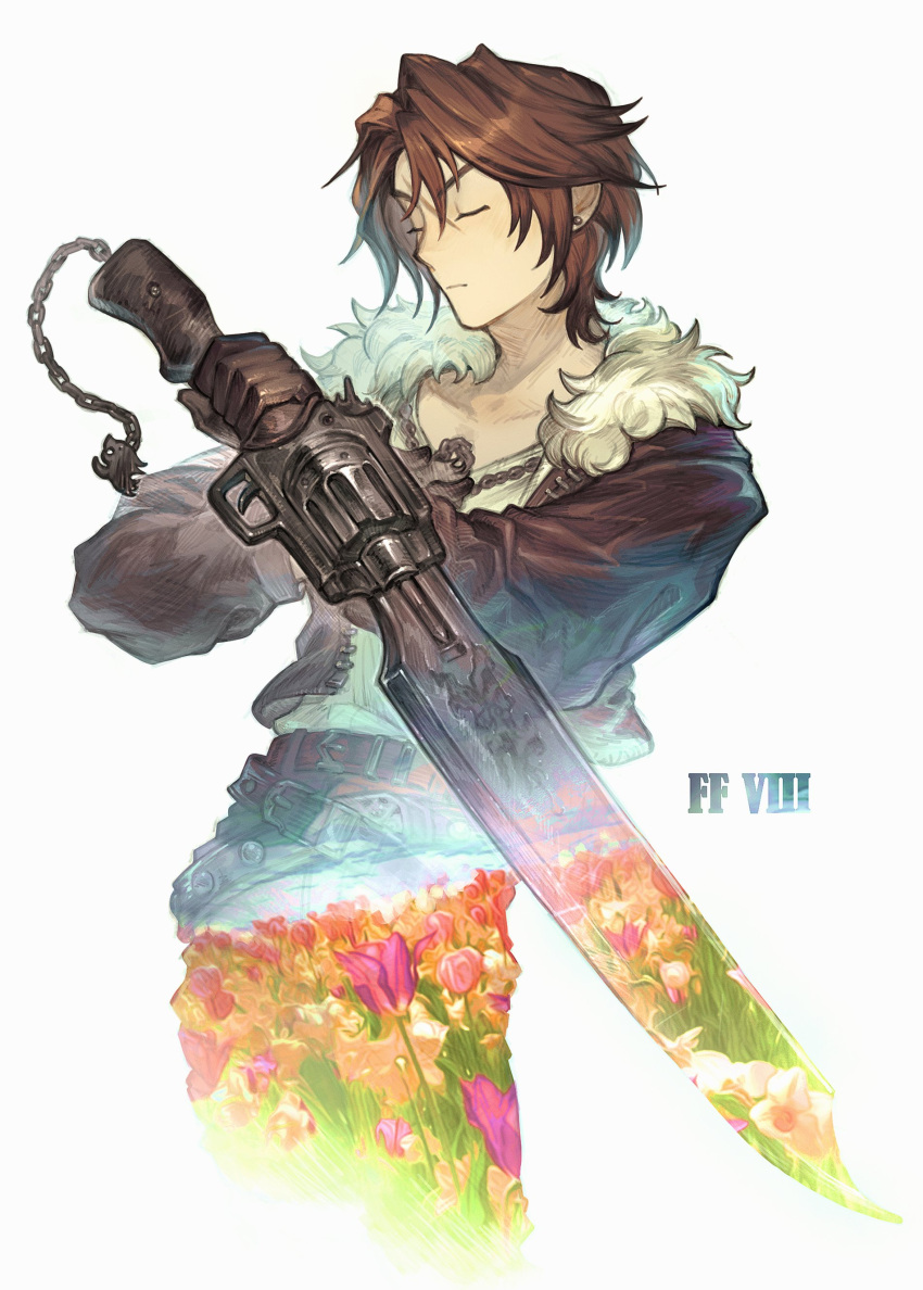 1boy 9twoeight absurdres belt black_jacket brown_hair chain chain_necklace closed_eyes commentary copyright_name cropped_jacket cropped_legs earrings expressionless field final_fantasy final_fantasy_viii flower flower_field fur-trimmed_jacket fur_trim grey_background gunblade hands_up hashtag_only_commentary highres holding holding_sword holding_weapon jacket jewelry leaning_back male_focus multiple_belts necklace open_clothes open_jacket orange_flower pink_flower scar scar_on_face short_hair solo squall_leonhart stud_earrings sword upper_body weapon white_background