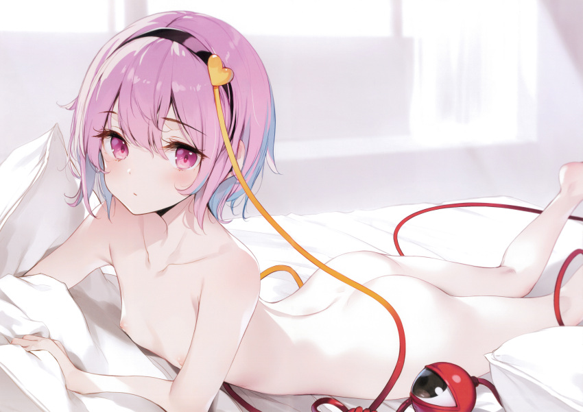 1girl absurdres ass back bed bedroom black_hairband blanket blue_hair blush closed_mouth collarbone completely_nude flat_chest hair_between_eyes hair_ornament hairband heart heart_hair_ornament highres indoors ke-ta komeiji_satori looking_at_viewer lying multicolored_hair nipples nude on_stomach pink_eyes pink_hair short_hair solo third_eye touhou two-tone_hair window