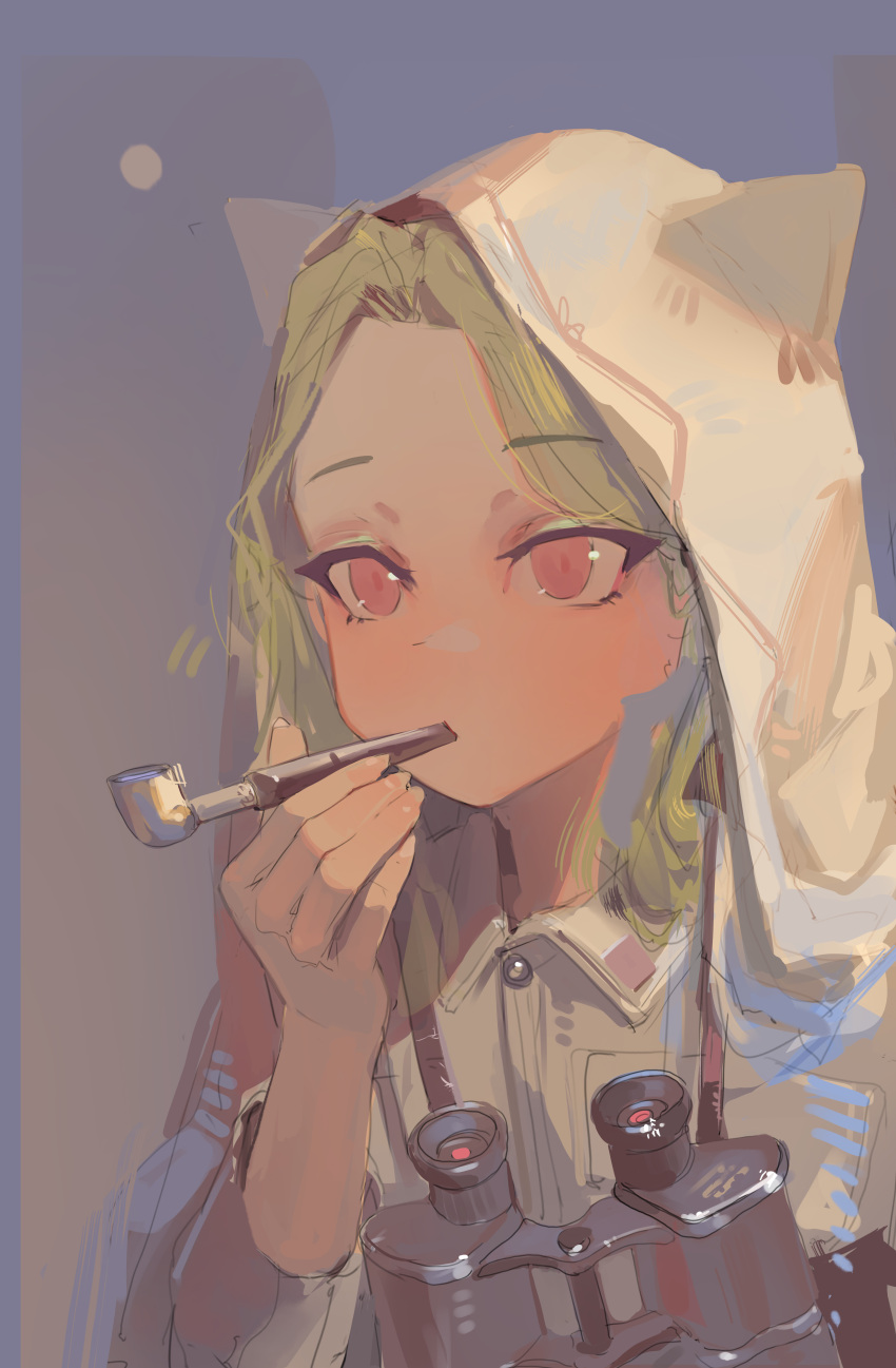 1girl absurdres animal_ears binoculars blonde_hair cat_ears fake_animal_ears highres holding holding_smoking_pipe hood hooded_jacket jacket original pink_eyes pipe_in_mouth polilla smoking smoking_pipe solo white_jacket