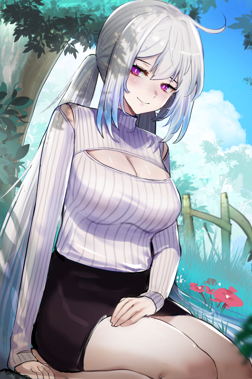 1girl absurdres ahoge alternate_costume azur_lane black_skirt blue_hair blue_sky breasts cleavage cleavage_cutout closed_mouth clothing_cutout commission enforcer_iii_harvest_(azur_lane) fence flower gradient_hair hair_between_eyes hand_on_own_thigh highres large_breasts leaf light_blush long_hair long_sleeves looking_at_viewer low_twintails multicolored_hair outdoors pencil purple_eyes red_flower second-party_source seiza siren_(azur_lane) sitting skirt sky smile solo sweater tree twintails white_hair white_sweater wooden_fence zeragoes