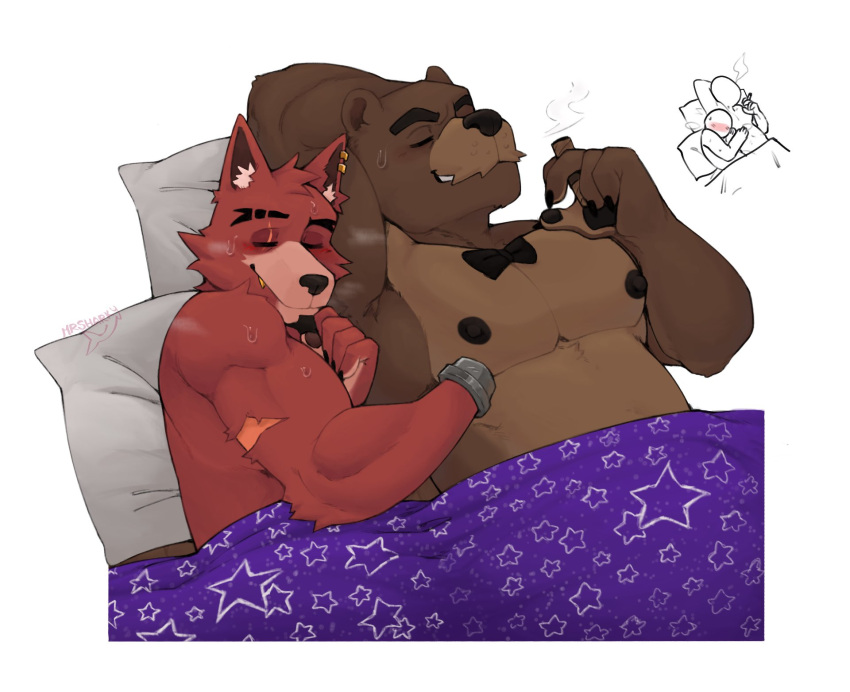 abs anthro bear bed bed_sheet bedding bodily_fluids canid canine cigarette duo five_nights_at_freddy's fox foxy_(fnaf) freddy_(fnaf) furniture hi_res male male/male mammal mr_sharky muscular scottgames sweat