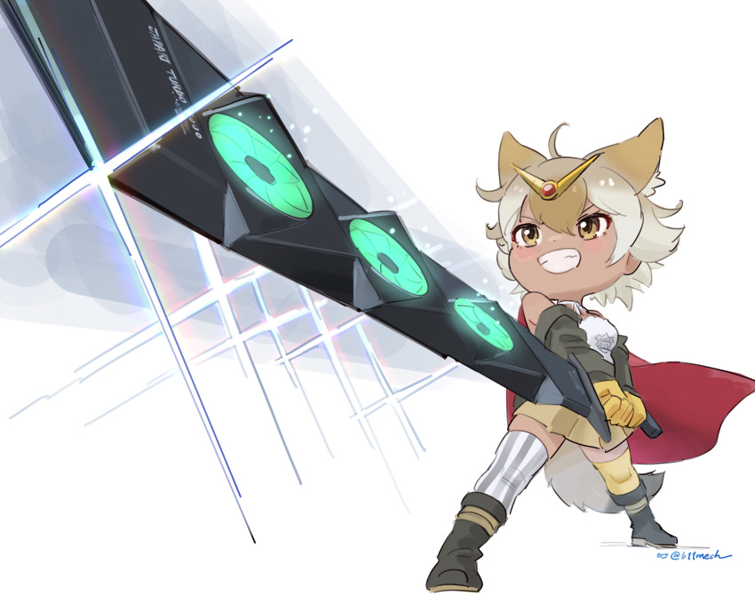 absurdres animal_ears beleven blonde_hair boots camisole cloak coyote_(kemono_friends) extra_ears gloves hair_ornament highres jacket kemono_friends kemono_friends_v_project parody short_hair skirt sunrise_stance sword tail thighhighs virtual_youtuber weapon wolf_ears wolf_girl wolf_tail yellow_eyes