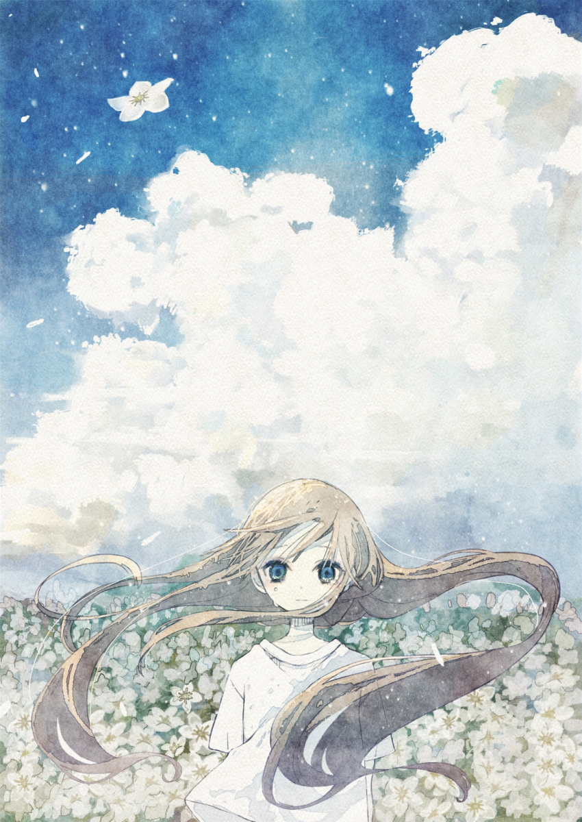 1girl blonde_hair blue_eyes closed_mouth cloud commentary_request day dot_nose field floating_hair flower flower_field highres long_hair looking_at_viewer original oseto_(oxxsexxto) outdoors shirt short_sleeves sky solo straight-on t-shirt tears very_long_hair white_flower white_shirt wind