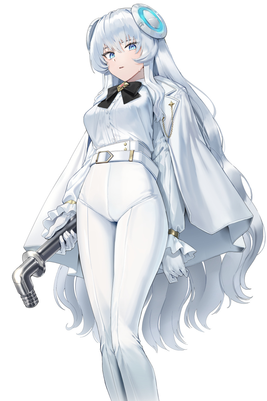 1girl absurdres belt blue_eyes breasts cloak commission gloves goback headgear highres looking_at_viewer medium_breasts original pants shirt solo tight_clothes tight_pants white_background white_cloak white_gloves white_hair white_shirt