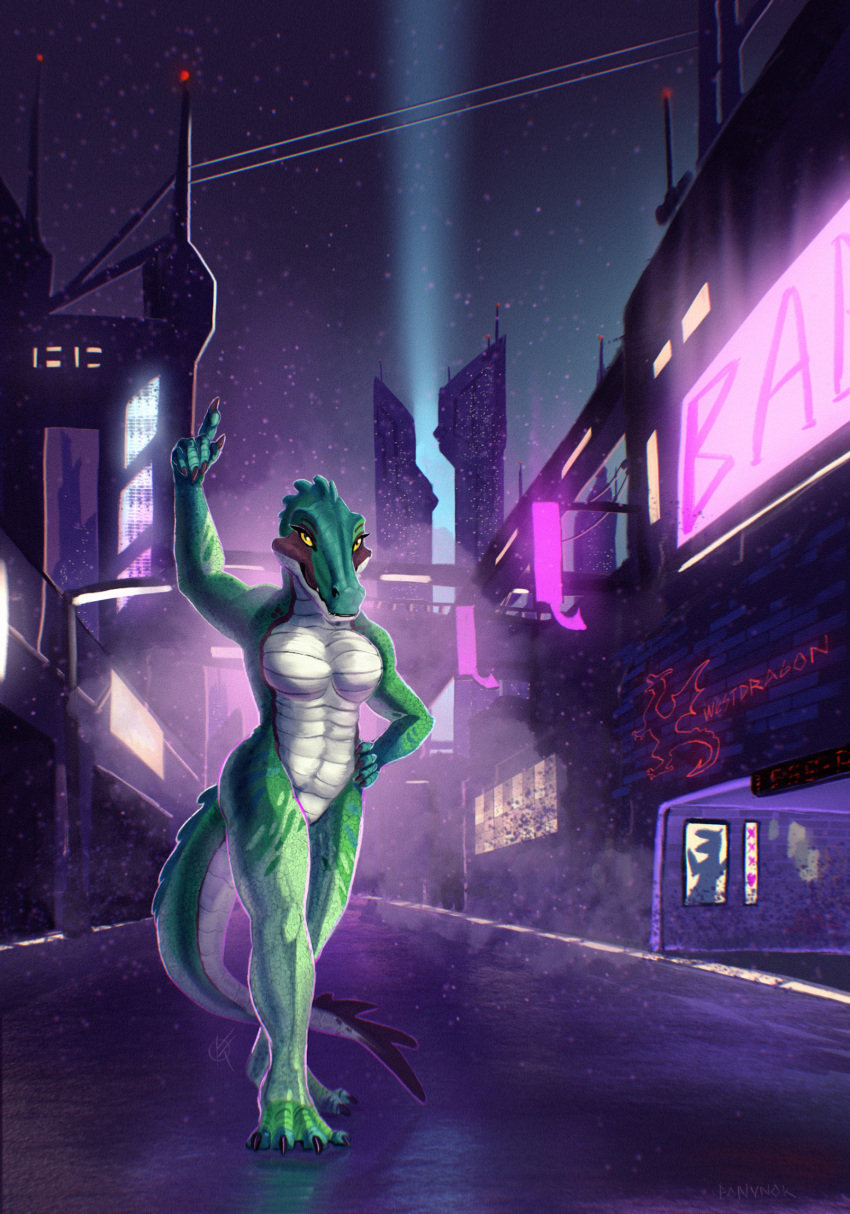 alligator alligatorid anthro crocodilian cyberpunk dancing digital_media_(artwork) digital_painting_(artwork) dust female green_body green_scales hi_res koldia koldia_(aekomikiao) looking_at_viewer markings neon_background neon_lights neon_sign night ponynok pose raised_finger red_markings reptile scales scalie sign solo